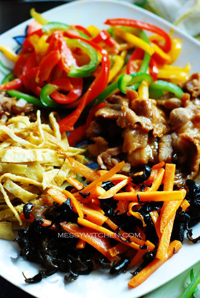 Stir-Fried Meat, Bell Peppers, Black Fungus and Omelette For Japchae